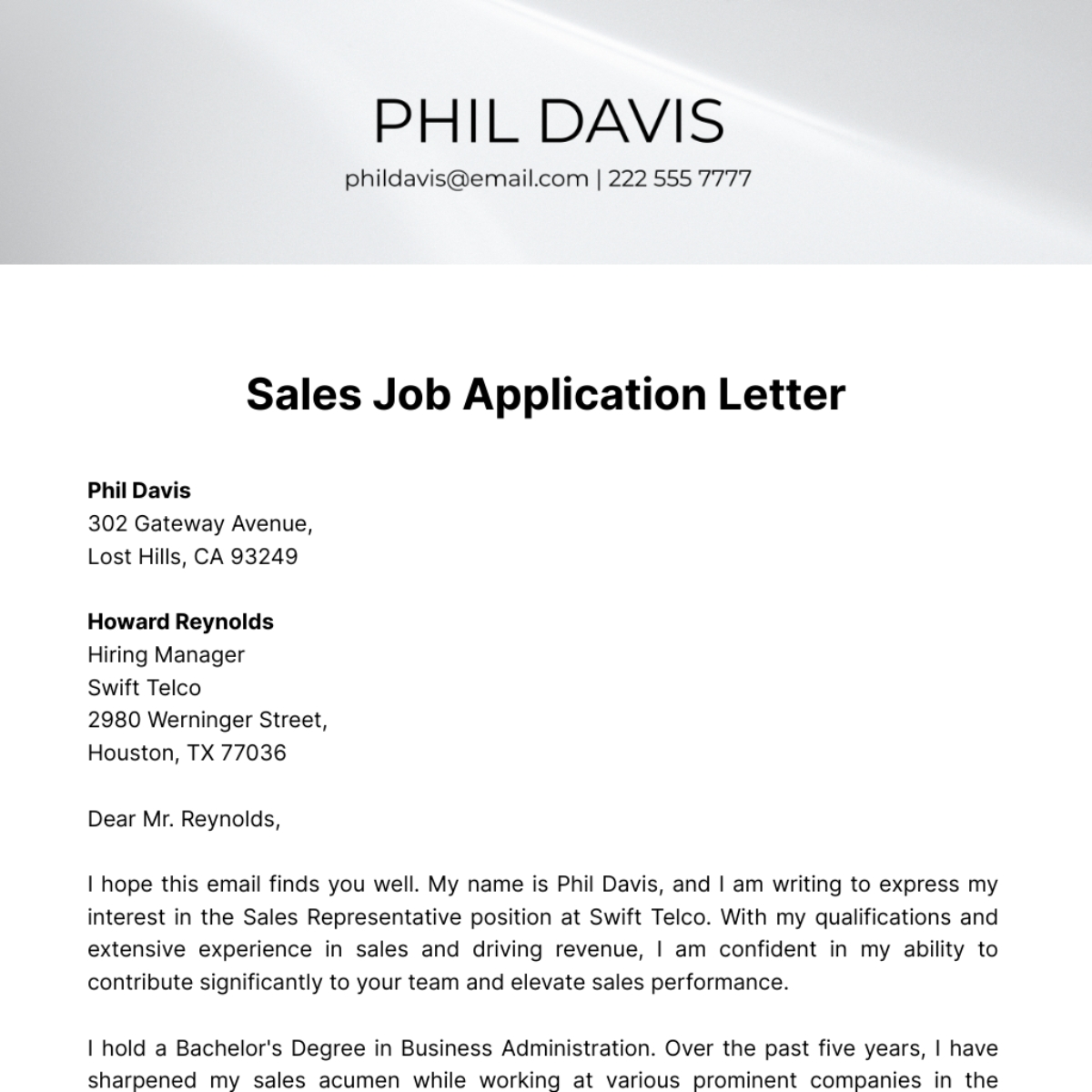 Free Sales Job Application Letter Template To Edit Online Free Sales Job Application Letter Template To Edit Online