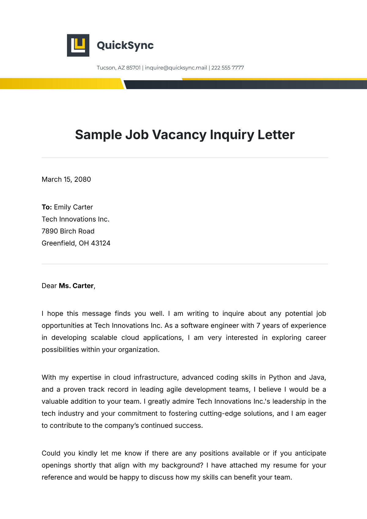 Free Sample Job Vacancy Inquiry Letter Template To Edit Online