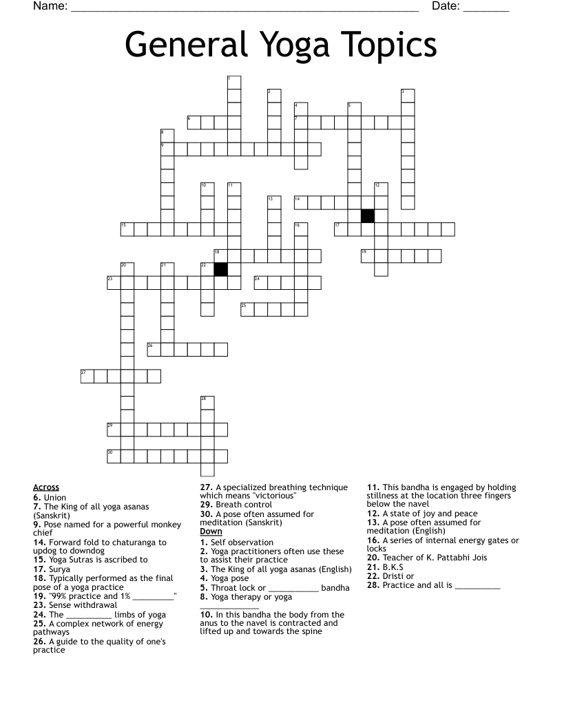General Yoga Topics Crossword WordMint