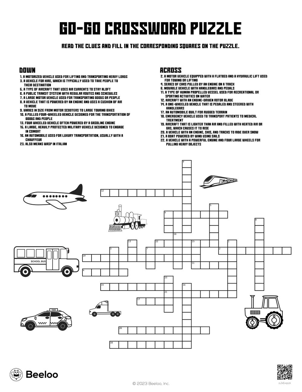 Go Go Crossword Puzzle Beeloo Printable Crafts And Activities For Kids