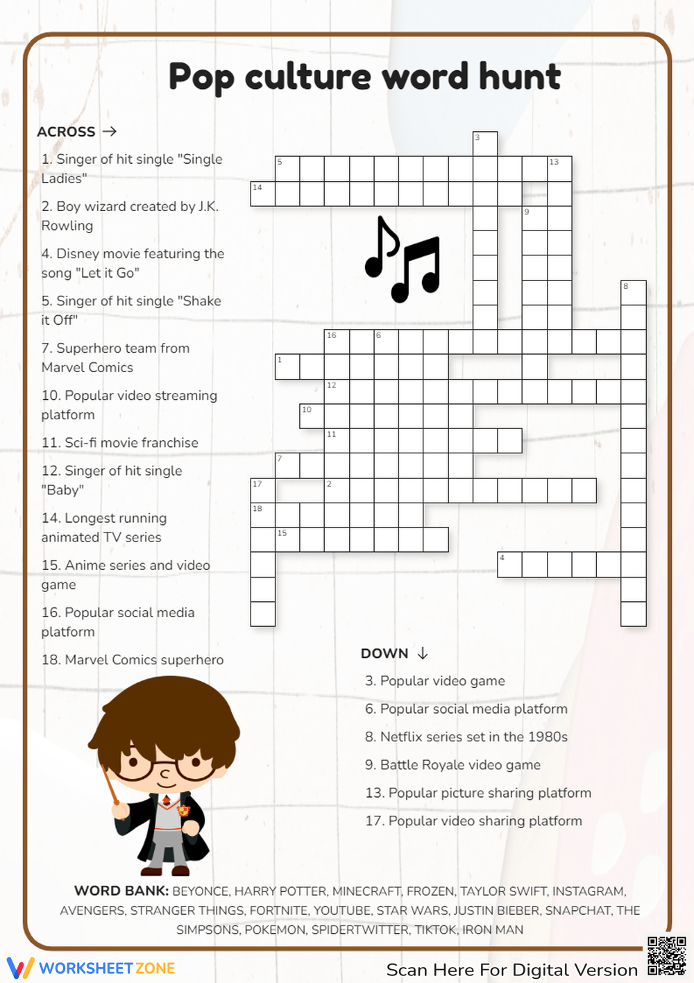 Grade 1 Pop Culture Crossword Puzzles Worksheets Printable