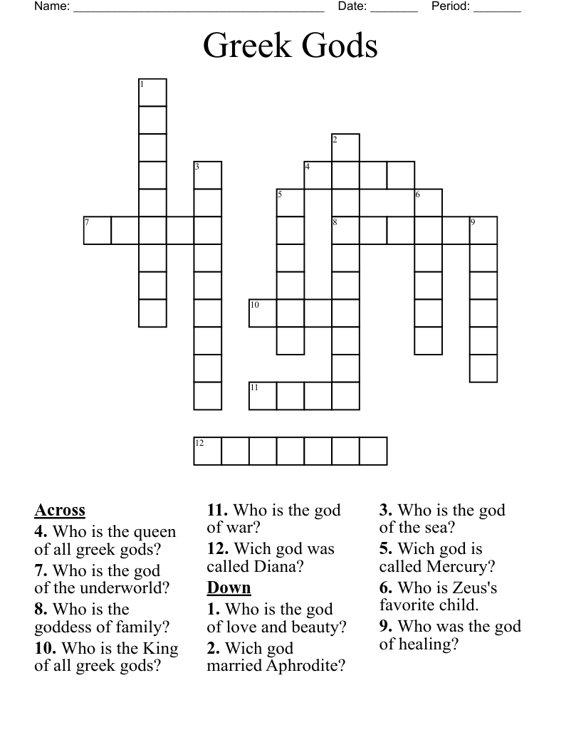 Greek Gods Crossword WordMint