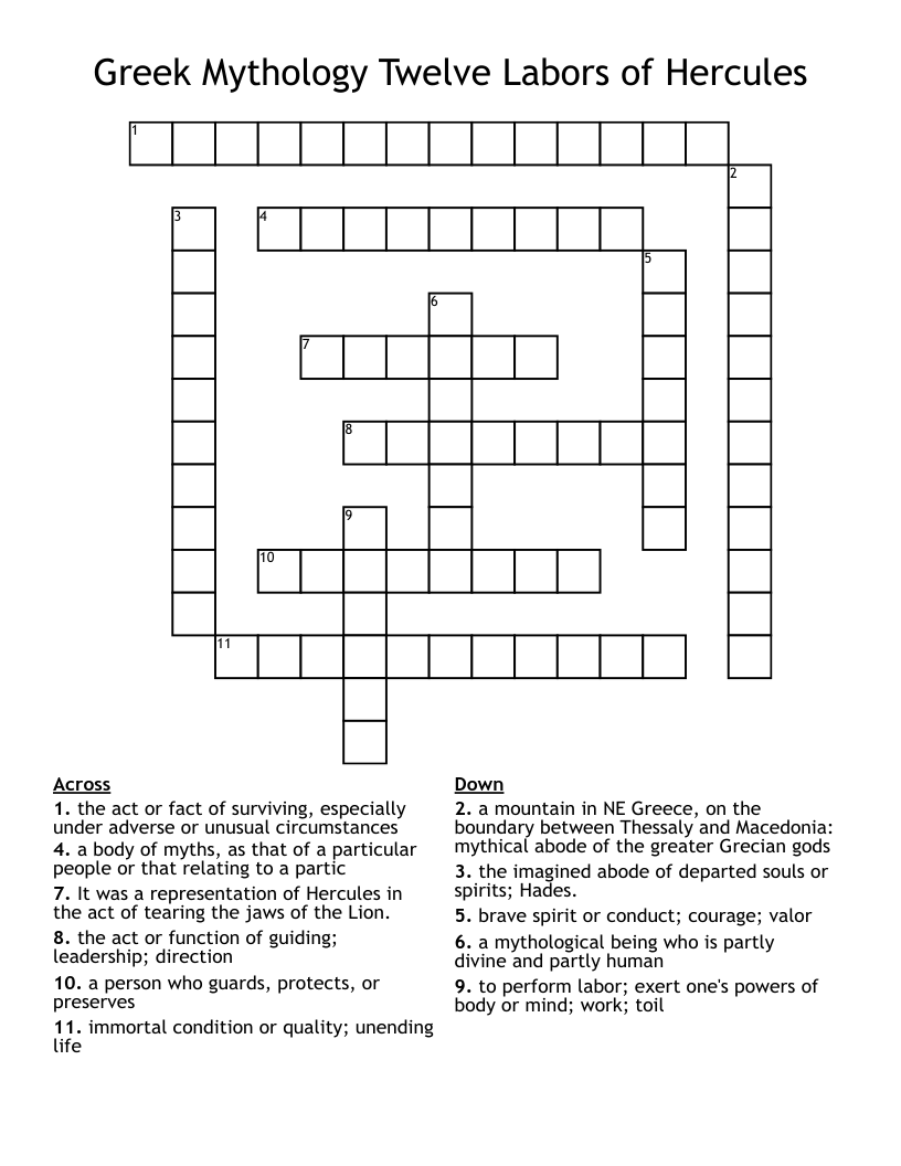 Greek Mythology Twelve Labors Of Hercules Crossword WordMint