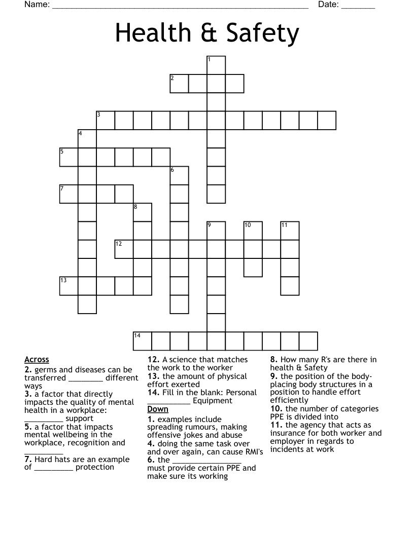 Health Safety Crossword WordMint