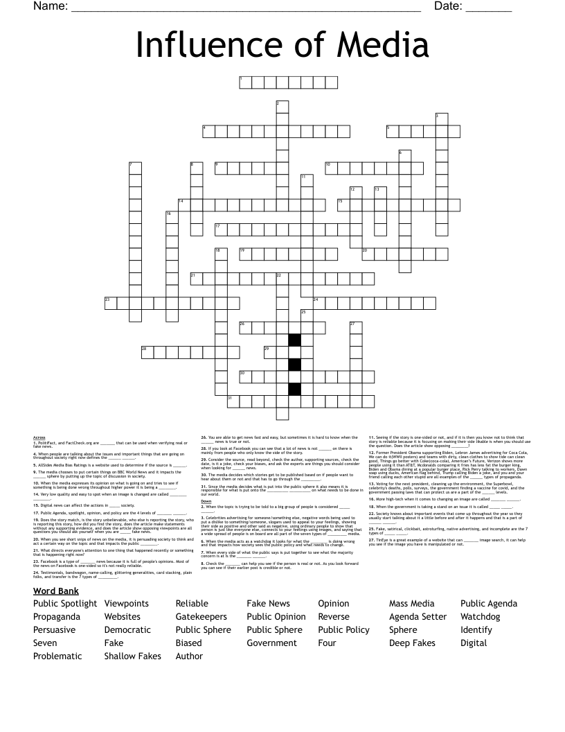 Influence Of Media Crossword WordMint Influence Of Media Crossword WordMint