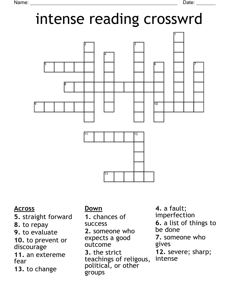 Intense Reading Crosswrd Crossword WordMint