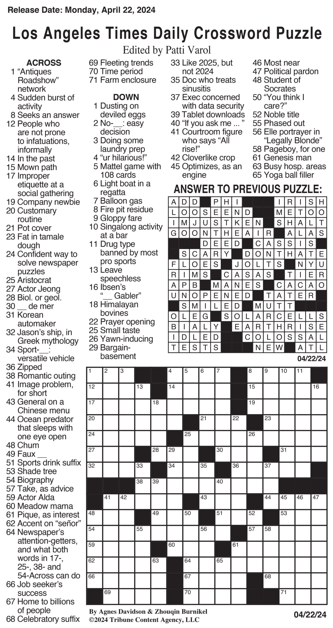 Los Angeles Times Daily Crossword Puzzle Los Angeles Times Daily Crossword Puzzle