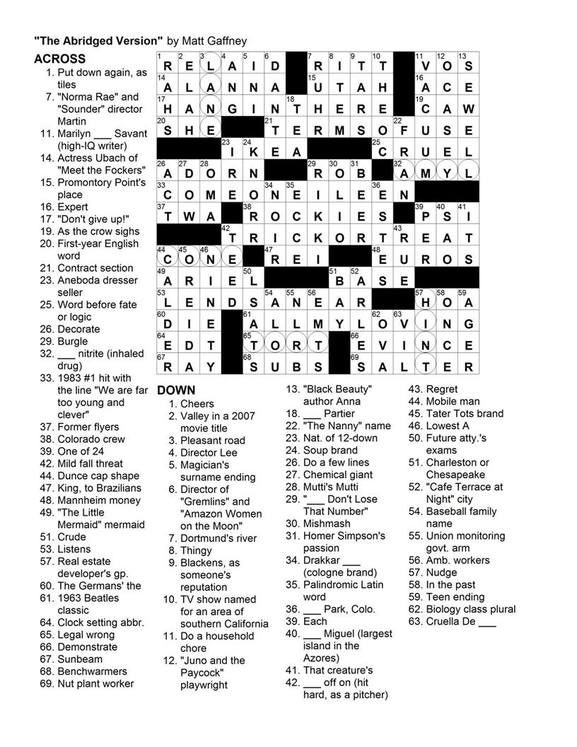 MGWCC 129 Friday Nov 19th 2010 Our True Enemy Has Yet To Reveal Himself Matt Gaffney s Weekly Crossword Contest