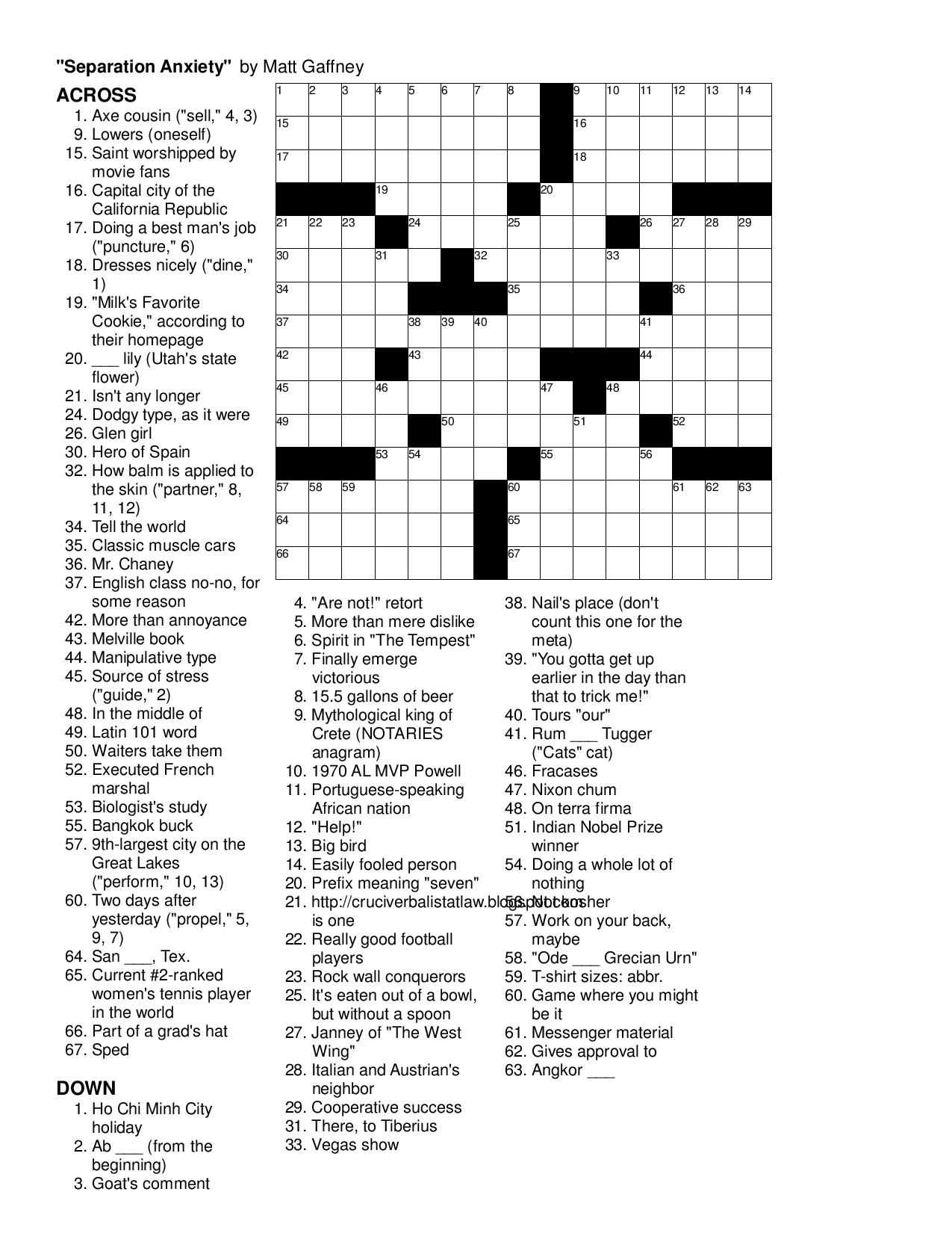 MGWCC 280 Friday October 11th 2013 Separation Anxiety Matt Gaffney s Weekly Crossword Contest