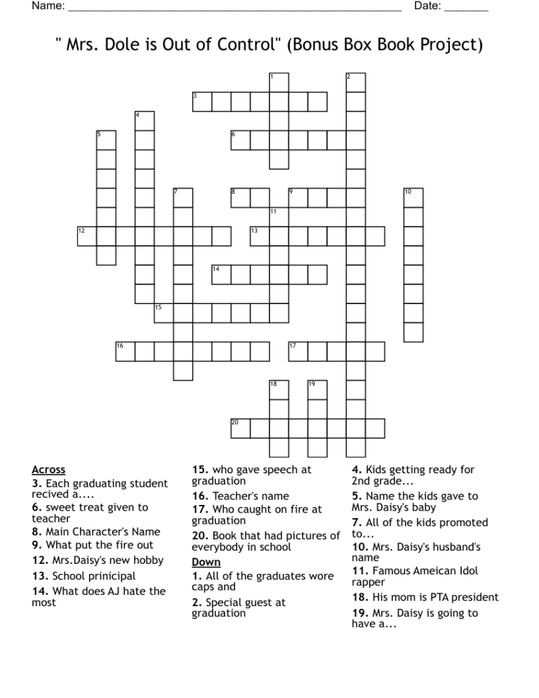 Mrs Dole Is Out Of Control Bonus Box Book Project Crossword WordMint