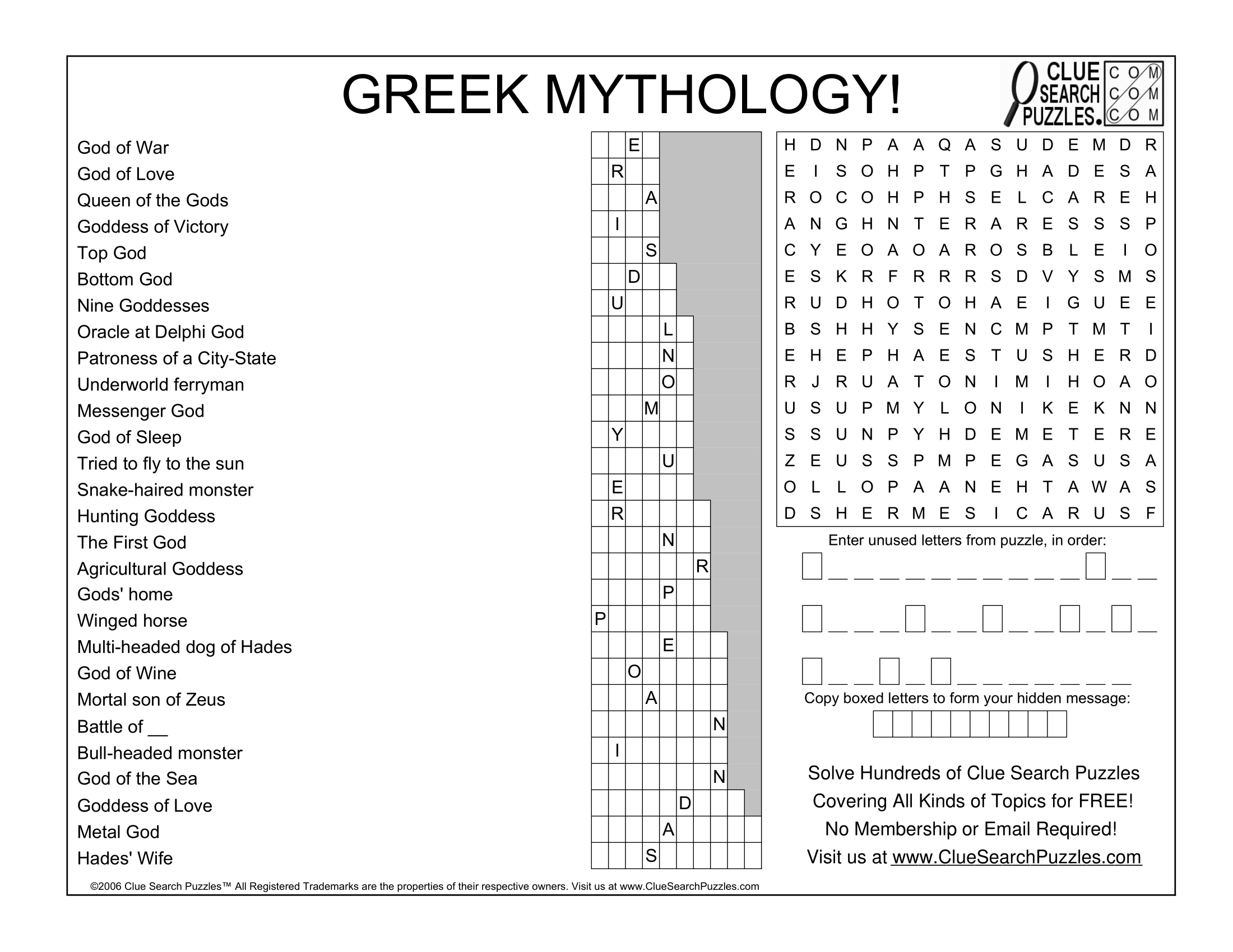 Mythology Clue Search Puzzles