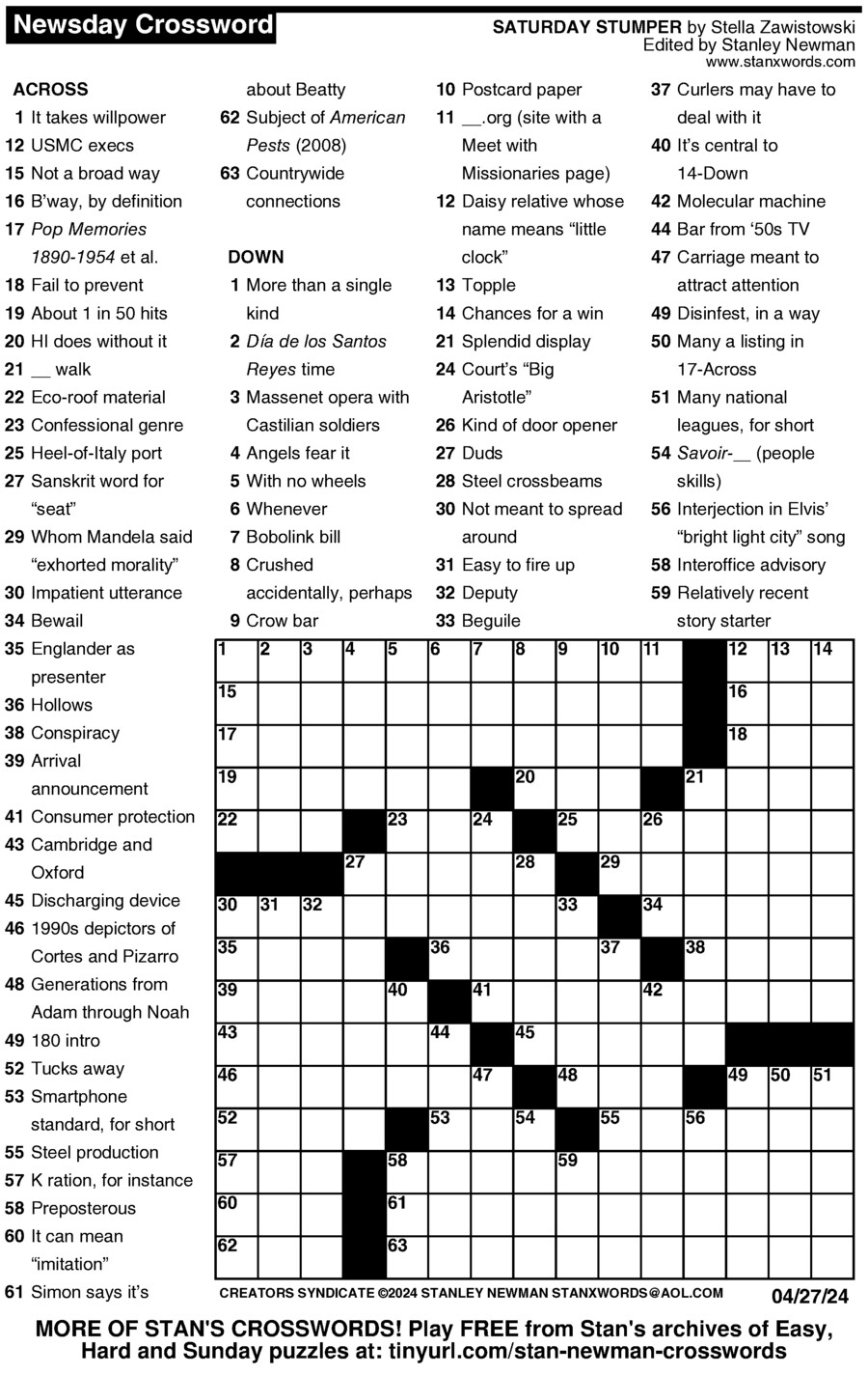 Newsday Crossword Puzzle For Apr 27 2024 By Stanley Newman Creators Syndicate