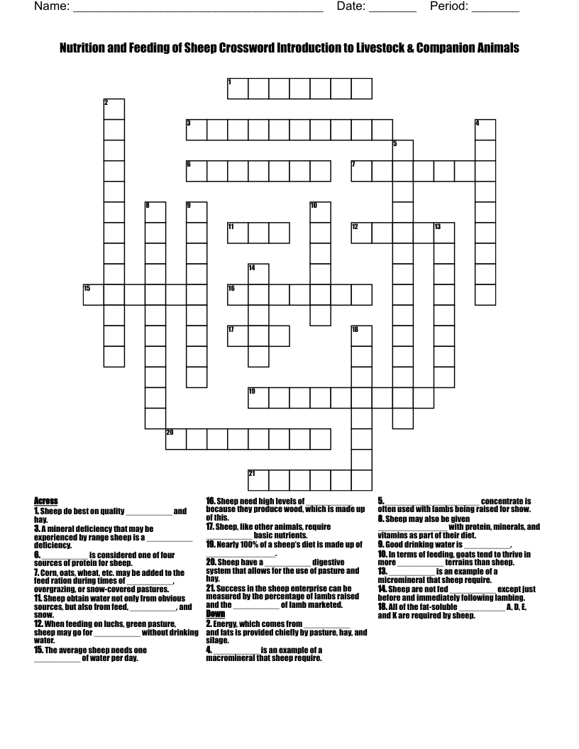 Nutrition And Feeding Of Sheep Crossword WordMint