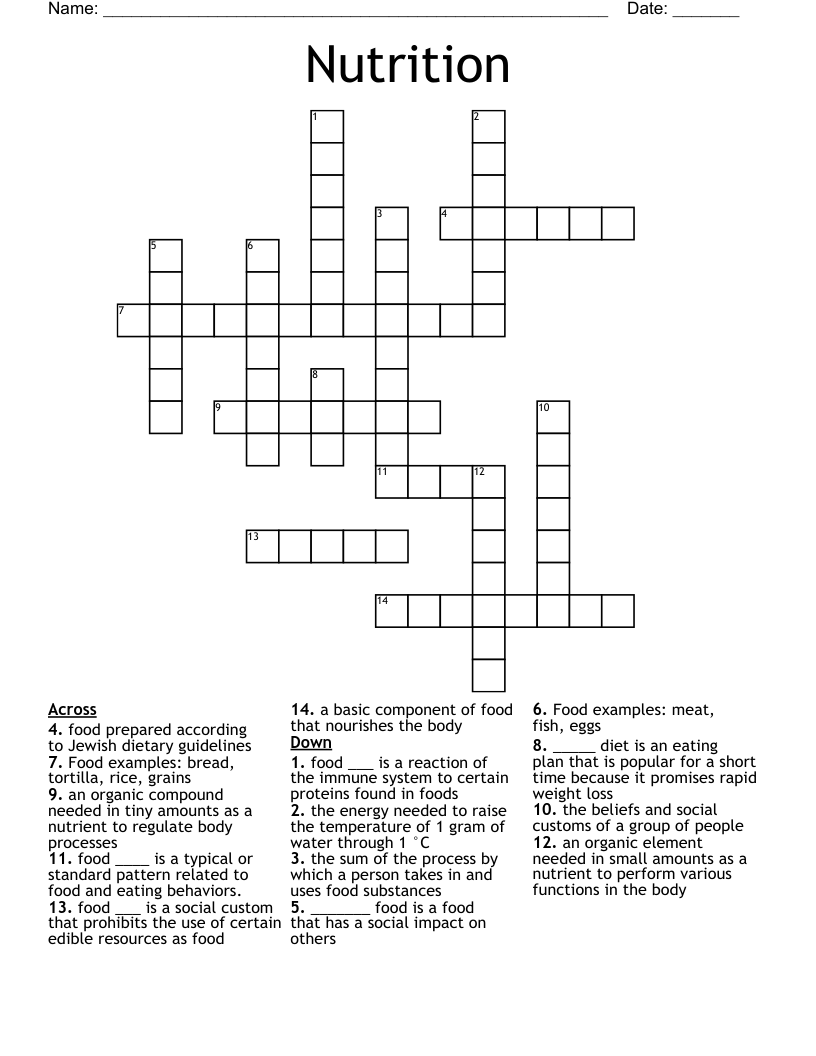 Nutrition Crossword WordMint