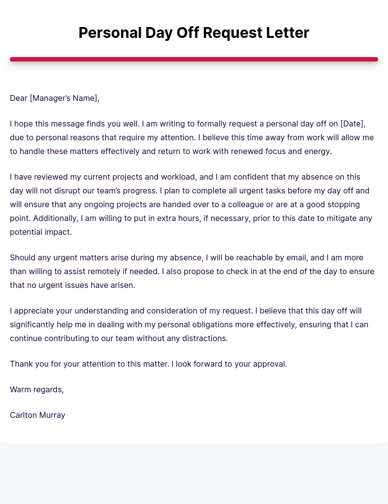 Personal Day Off Request Letter Example Edit Download 