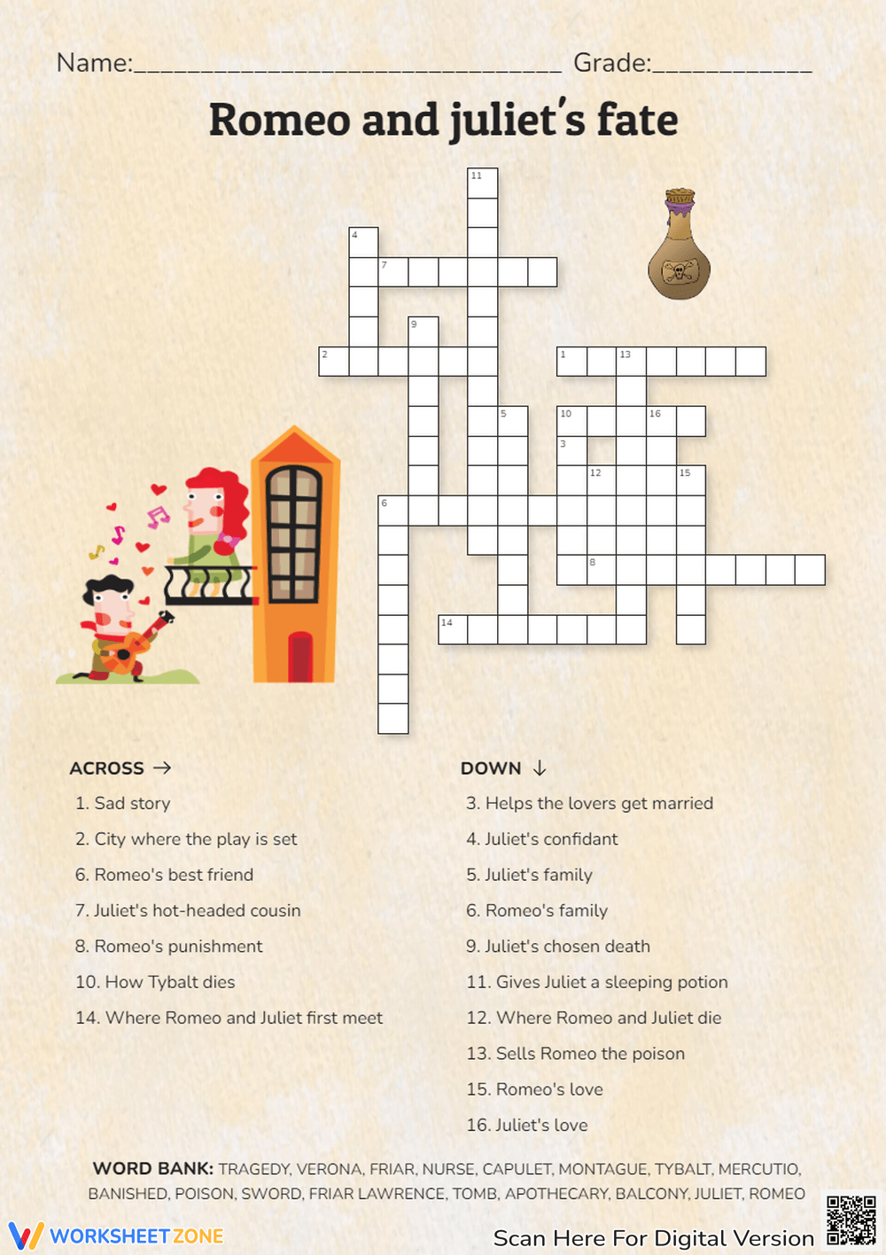 Printable Romeo And Juliet Crossword Puzzle Worksheets