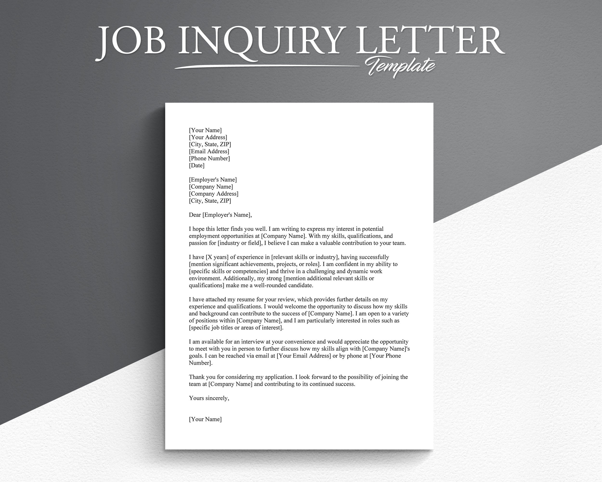 Professional Job Inquiry Letter Template Google Docs microsoft Word Employment Inquiry Letter Job Inquiry Email Etsy