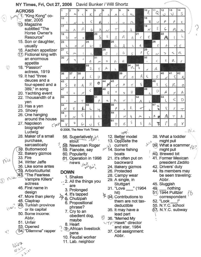 Rex Parker Does The NYT Crossword Puzzle FRIDAY Oct 27 2006 David Bunker