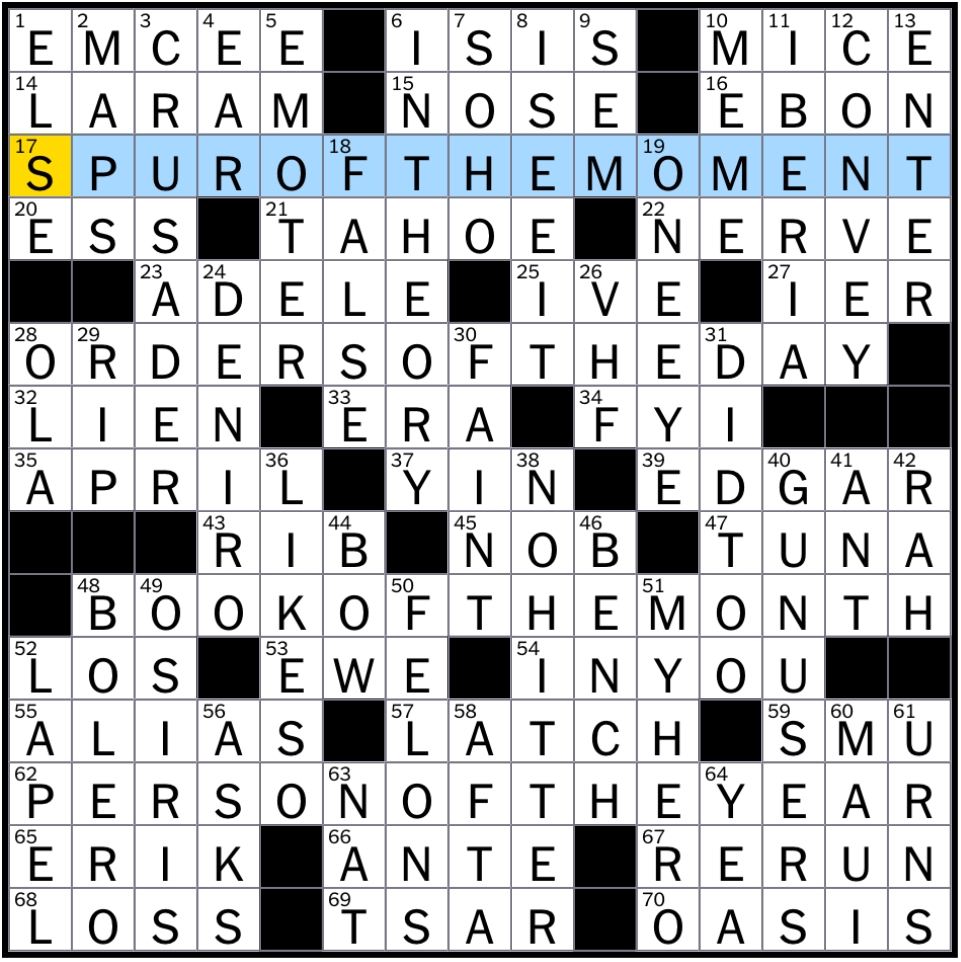 Rex Parker Does The NYT Crossword Puzzle Host With A Microphone MON 7 23 18 Egyptian Goddess Repetitive Name Three Blind Creatures West Coast NFL California Nevada Border Lake 
