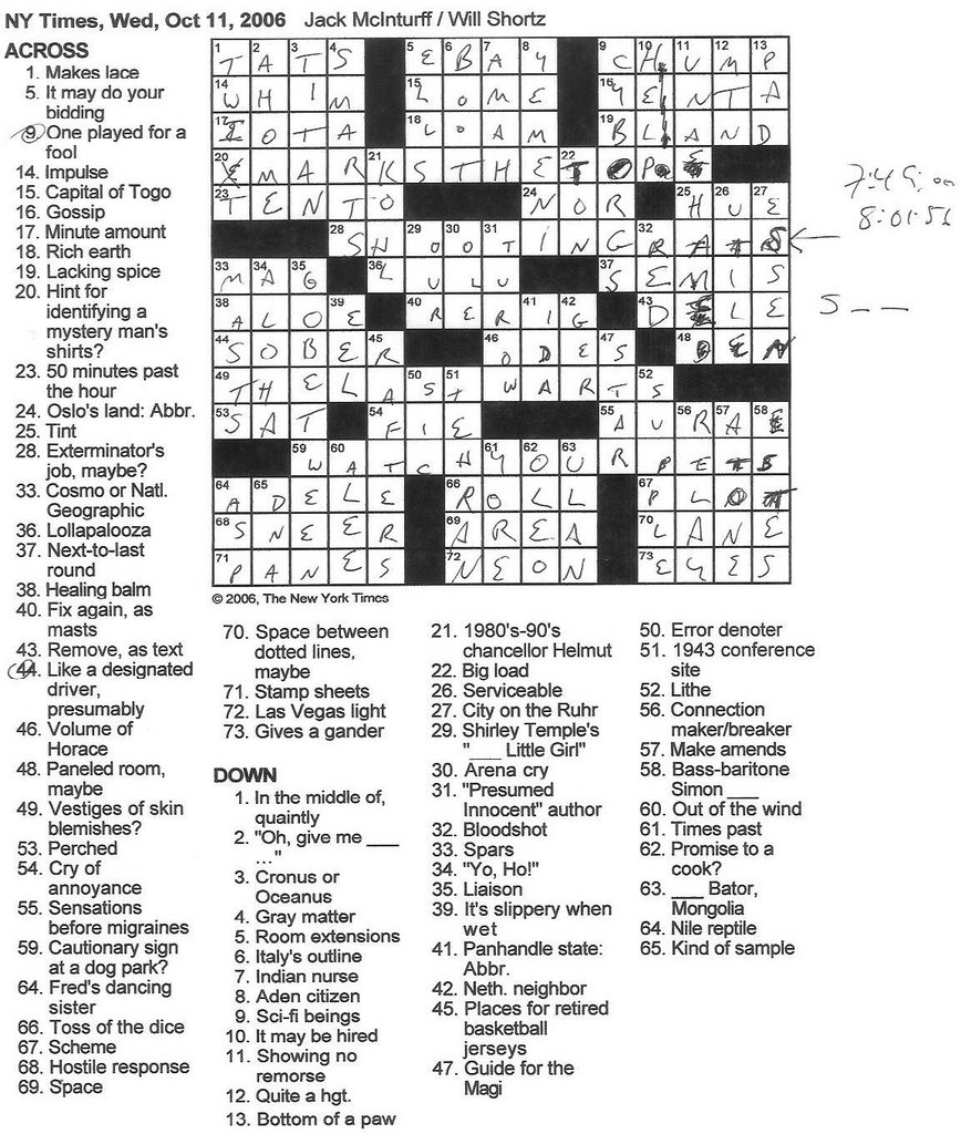 Rex Parker Does The NYT Crossword Puzzle WEDNESDAY Oct 11 2006 Jack McInturff