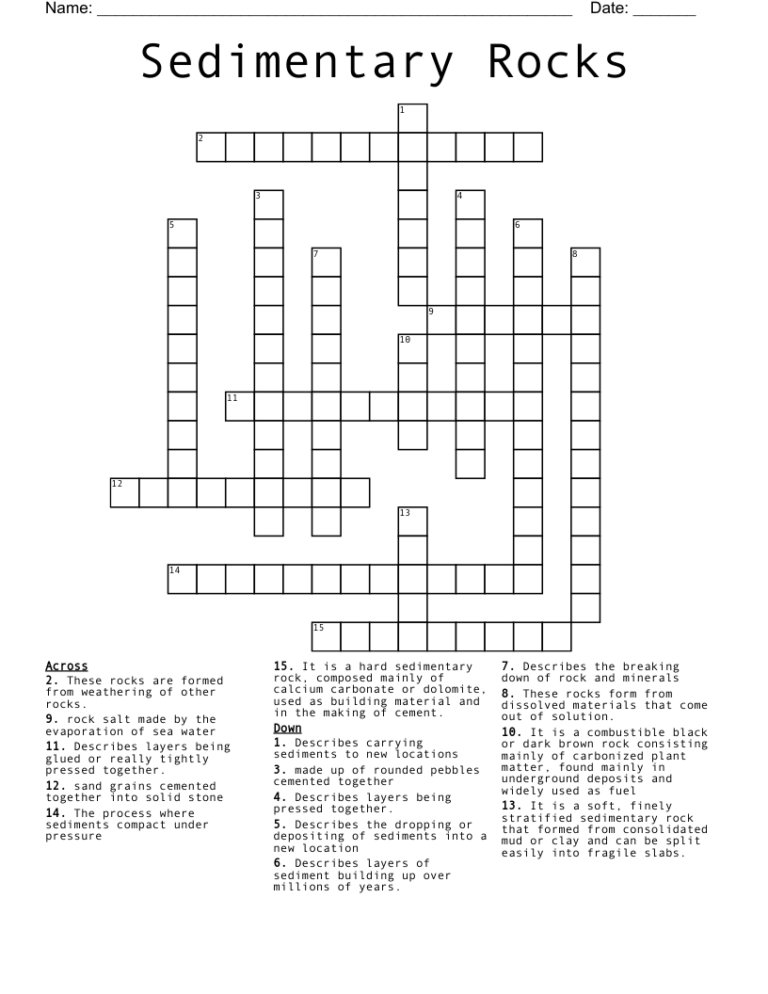 Sedimentary Rocks Crossword WordMint