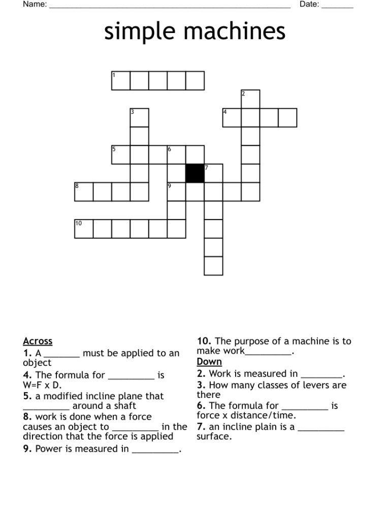 Simple Machines Crossword WordMint