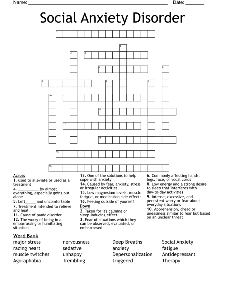 Social Anxiety Disorder Crossword WordMint