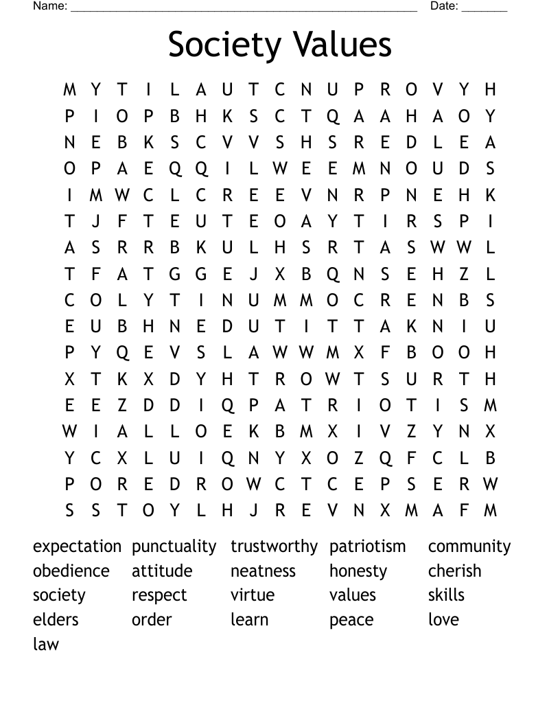 Society Values Word Search WordMint