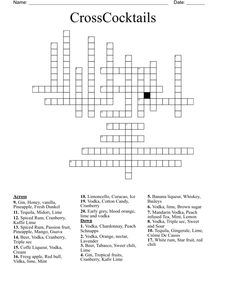 Speciality Cocktails Crossword WordMint