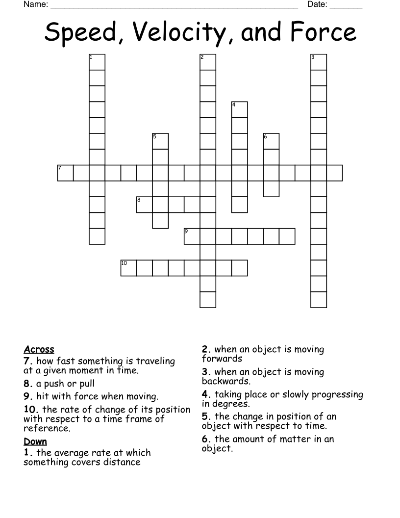Speed Velocity And Force Crossword WordMint Speed Velocity And Force Crossword WordMint