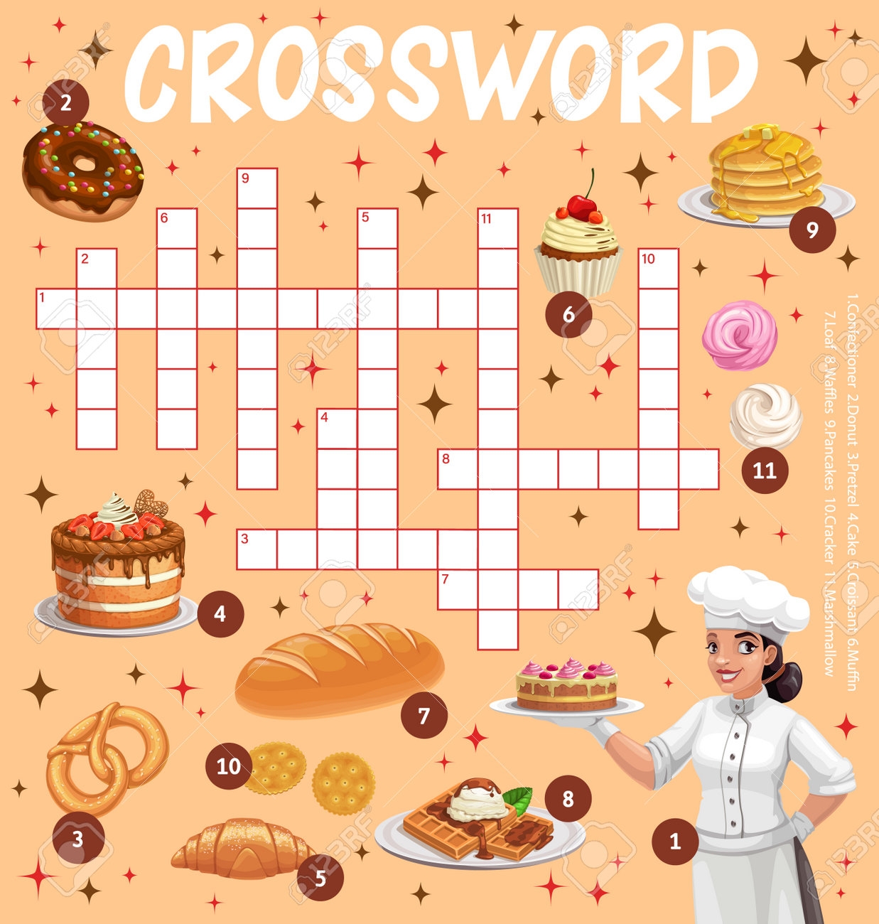 Sweets Desserts And Bakery Crossword Worksheet Find A Word Quiz Game Cartoon Vector Puzzle With Confectioner Cake Donut And Pretzel Croissant Muffin Waffles With Pancake And Marshmallow Pastry Royalty Free SVG Cliparts 