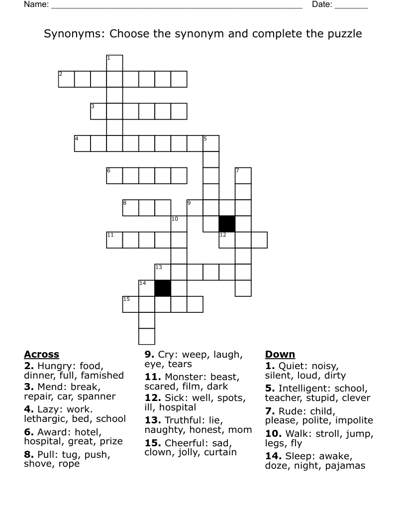 Synonyms Choose The Synonym And Complete The Puzzle Crossword WordMint