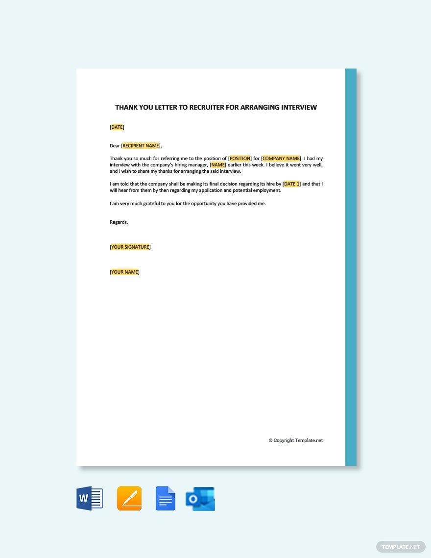 Thank You Letter To Recruiter For Arranging Interview In Google Docs Word Pages PDF Download Template