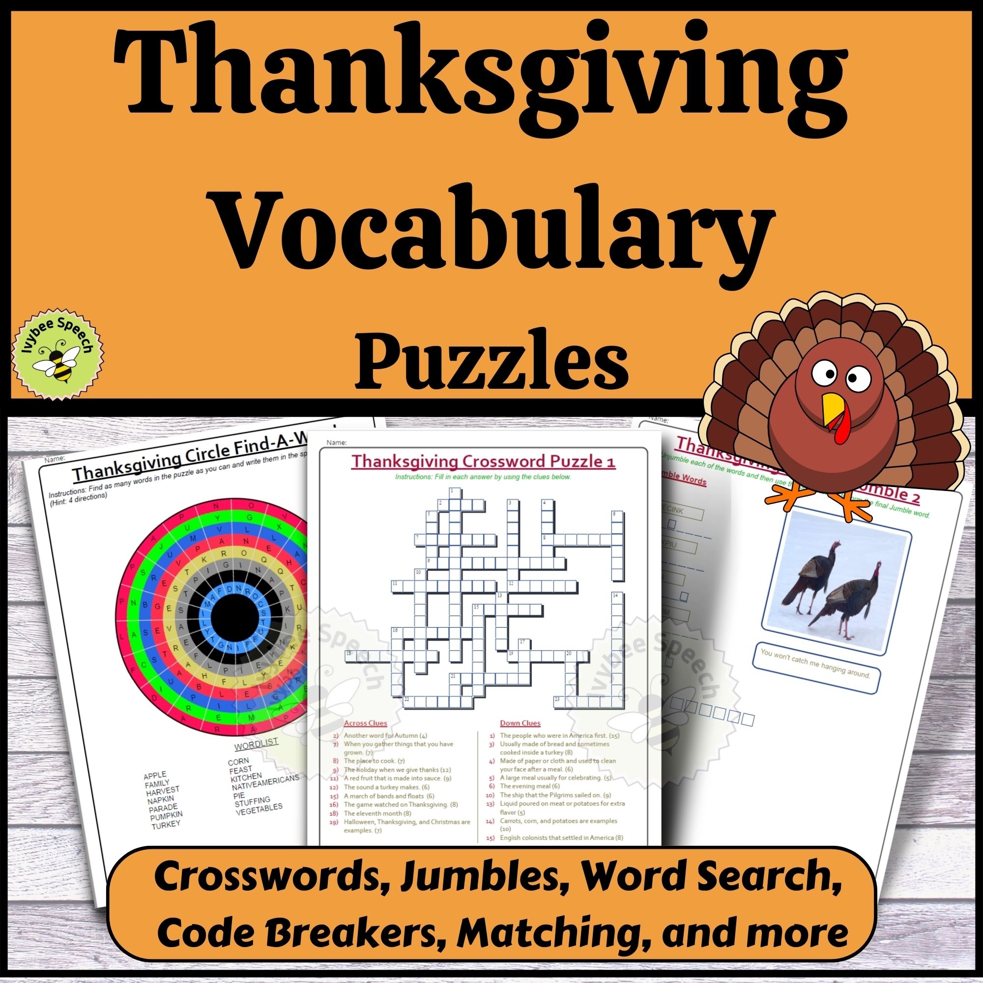 Thanksgiving Vocabulary Puzzles Crosswords Word Searches Code Breakers Jumbles Classful