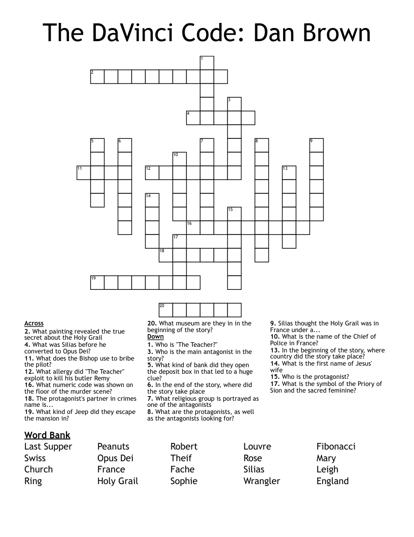 The DaVinci Code Dan Brown Crossword WordMint