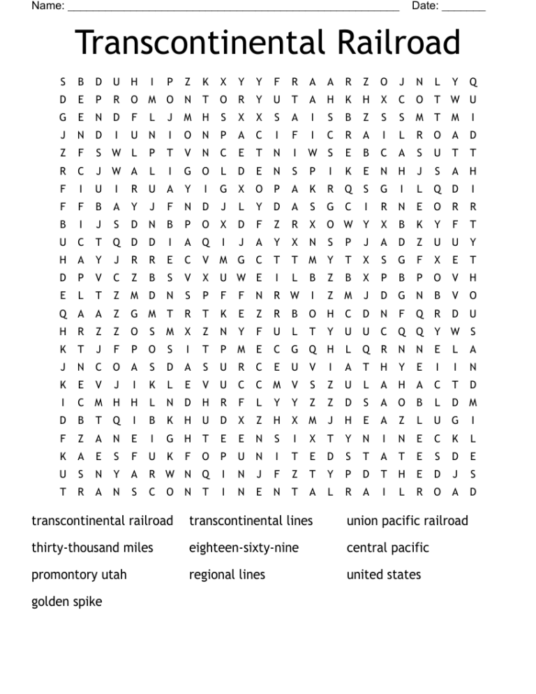 Transcontinental Railroad Word Search WordMint