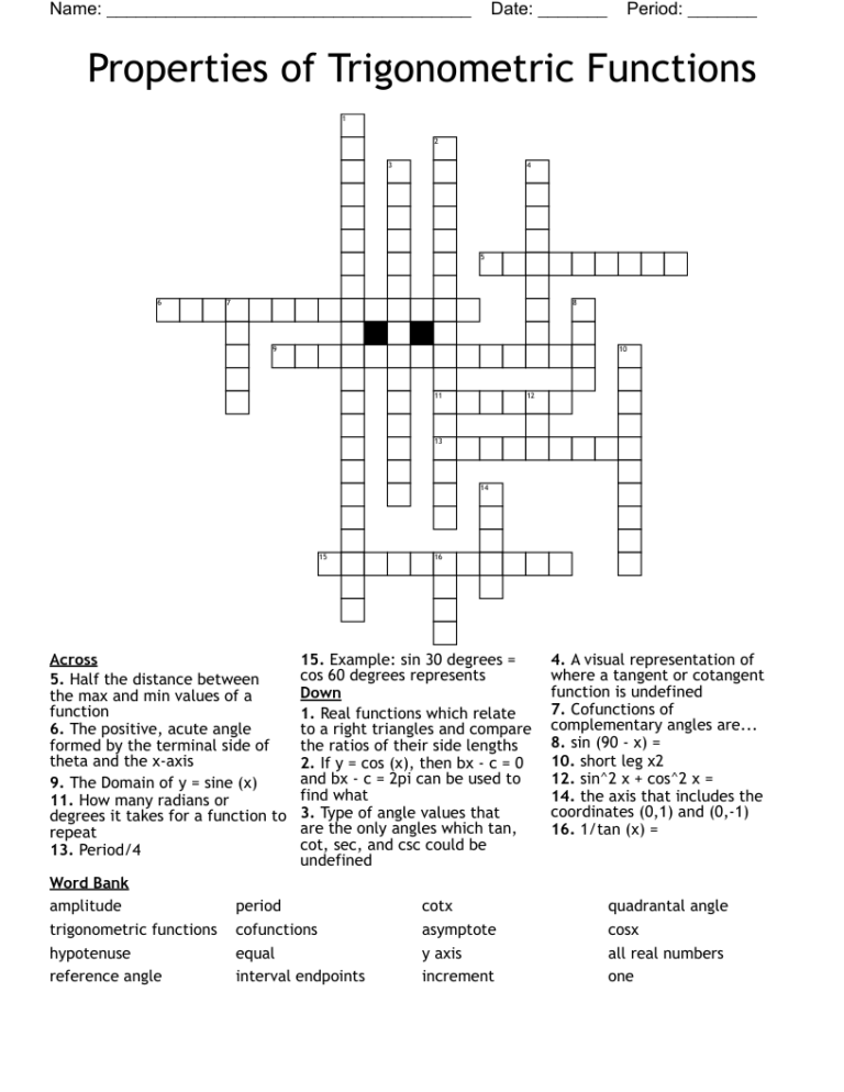 Trig Identities Crossword WordMint