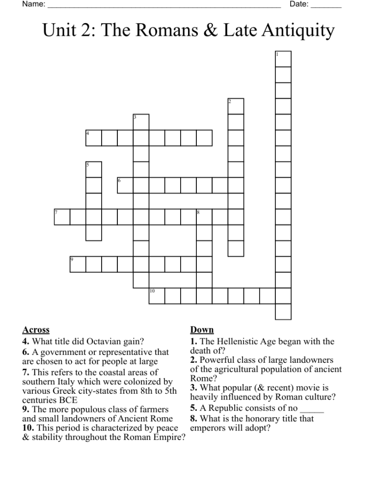 Unit 2 The Romans Late Antiquity Crossword WordMint