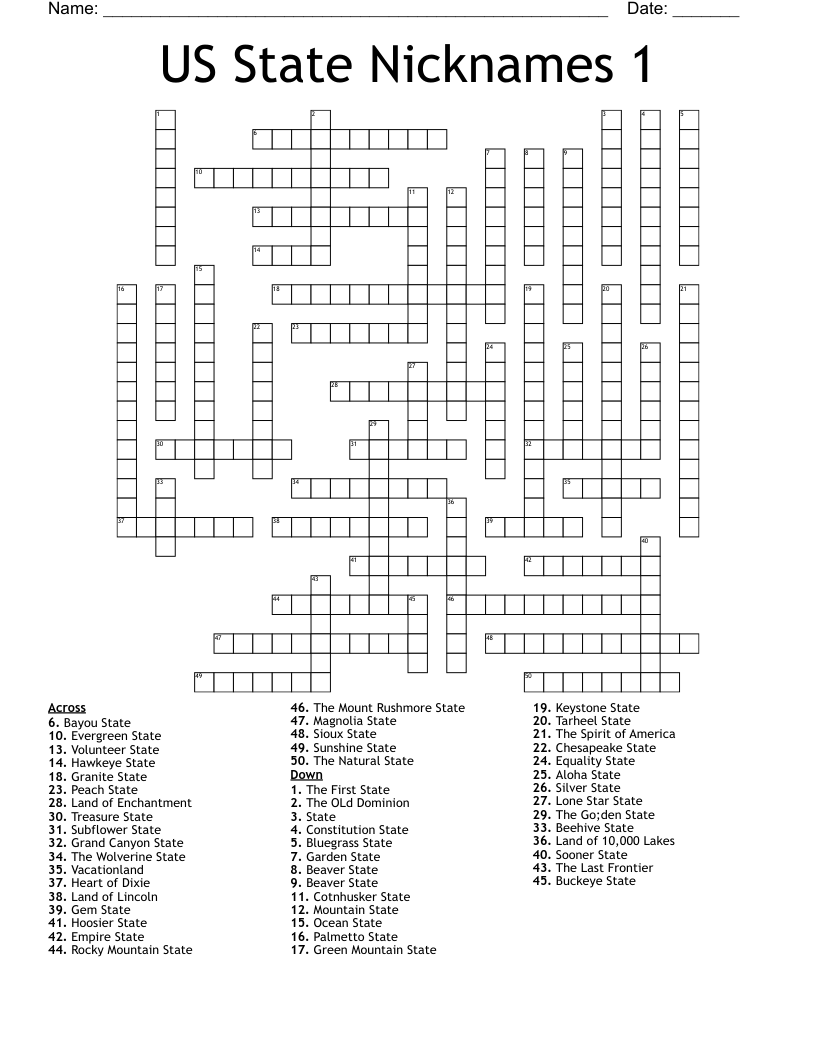 US State Nicknames 1 Crossword WordMint