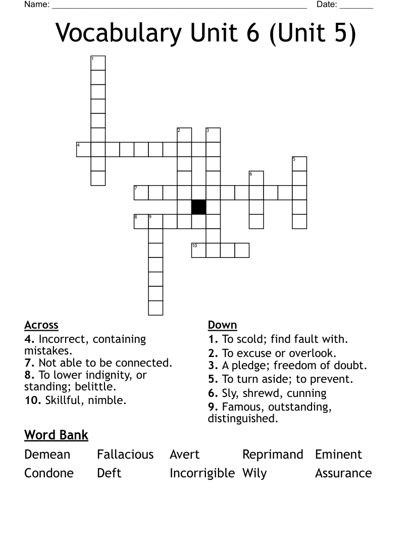 Vocabulary Unit 6 Unit 5 Crossword WordMint