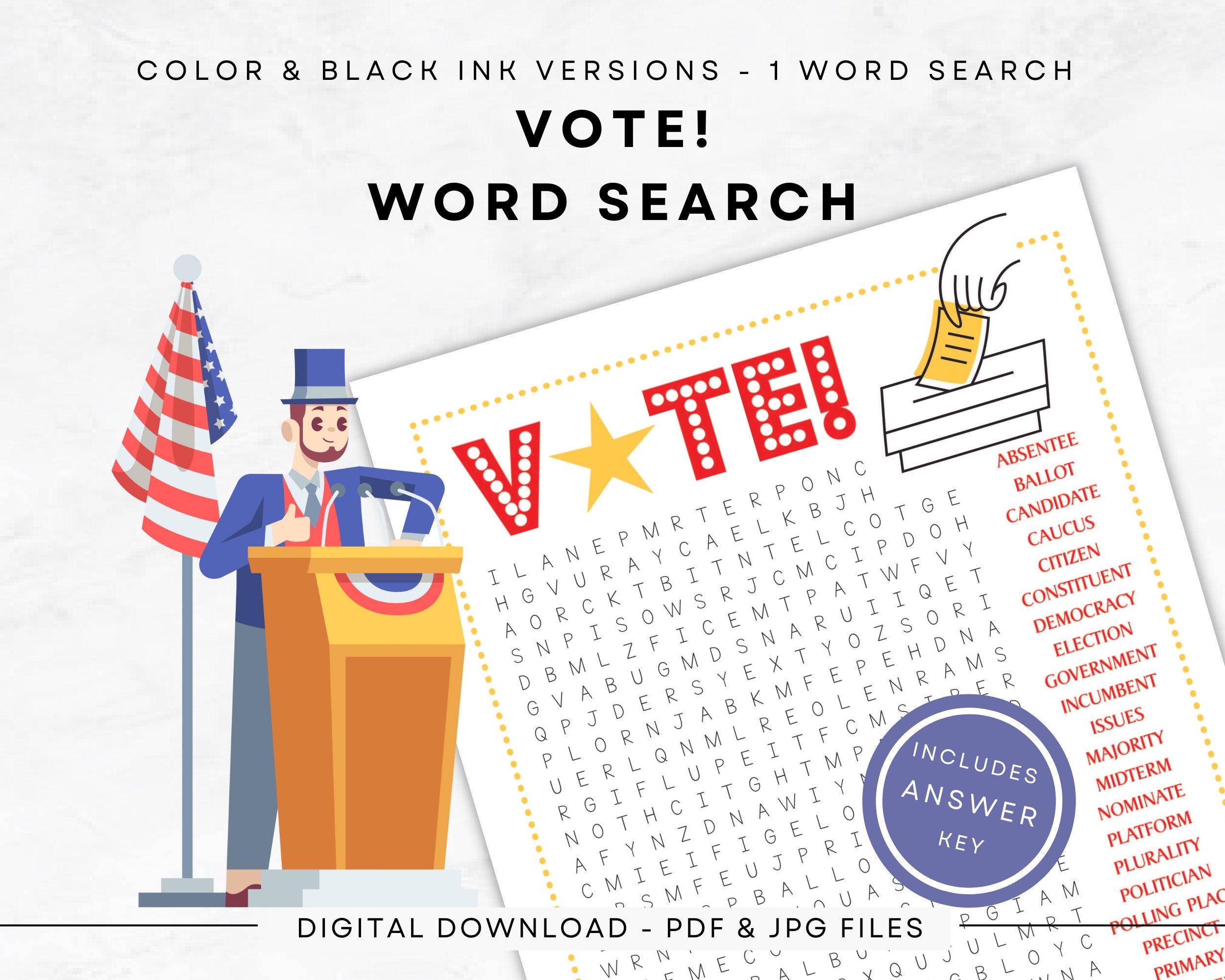 Vote Word Search For Instant Download Voting Puzzle Great For Election Night Print In Color black Ink US Letter Full half Pages Etsy