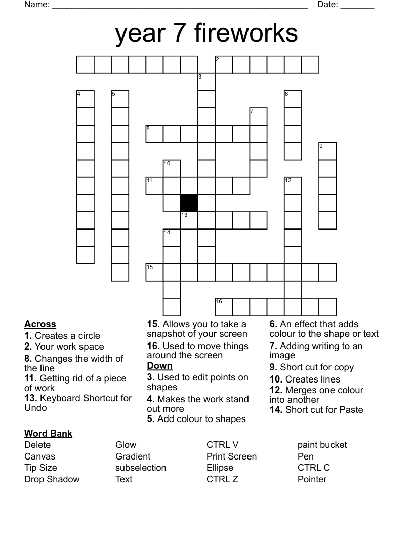 Year 7 Fireworks Crossword WordMint