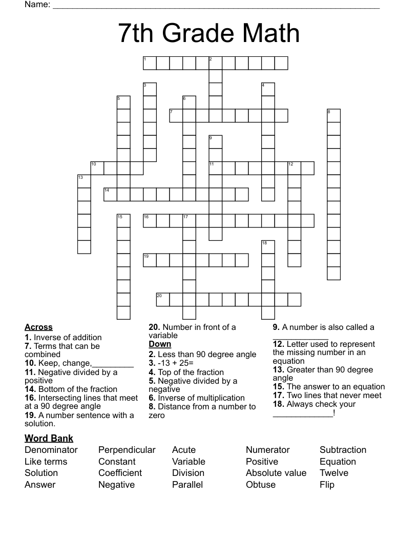 Math Crossword Puzzles Printable
