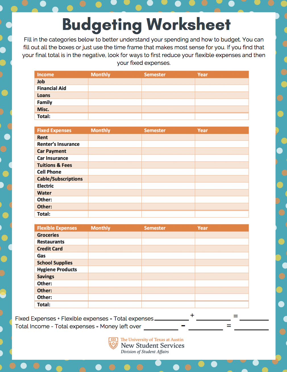Budgeting Worksheet Off Campus Living Resources Worksheets Library