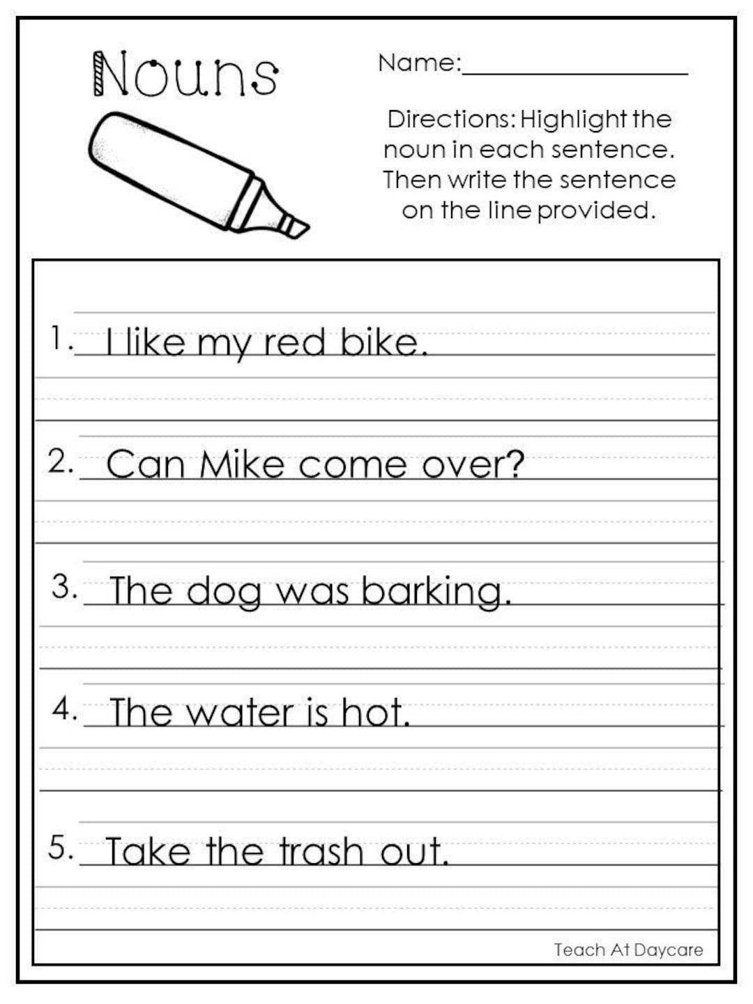 10 Printable Highlight The Nouns Worksheets 1st 2nd Grade ELA Worksheets Etsy