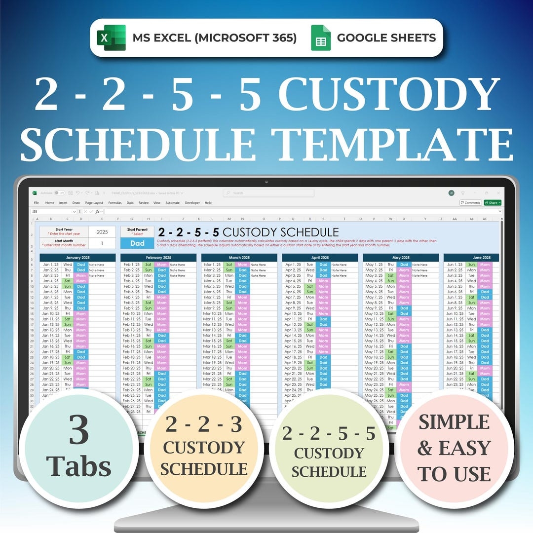 2 2 5 5 Custody Schedule 2 2 5 5 Custody Calendar Co parenting Custody Tracker Shared Custody Tracker Excel Google Sheets Child Custody Etsy