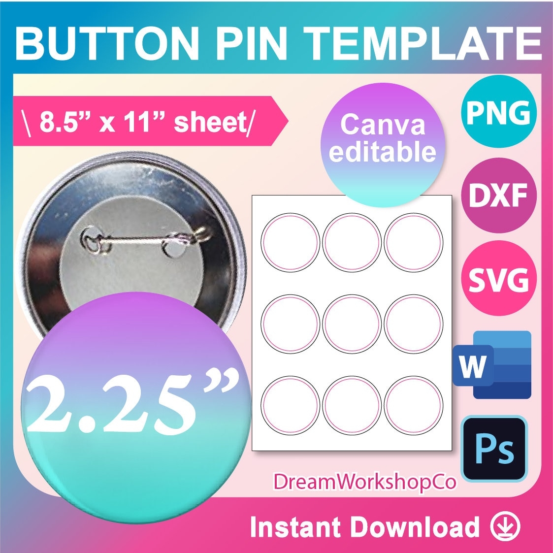 2 25inch Button Pin Template 2 25inch Pin Button Template Canva SVG DXF Ms Word Docx Png Psd 8 5 x11 Etsy