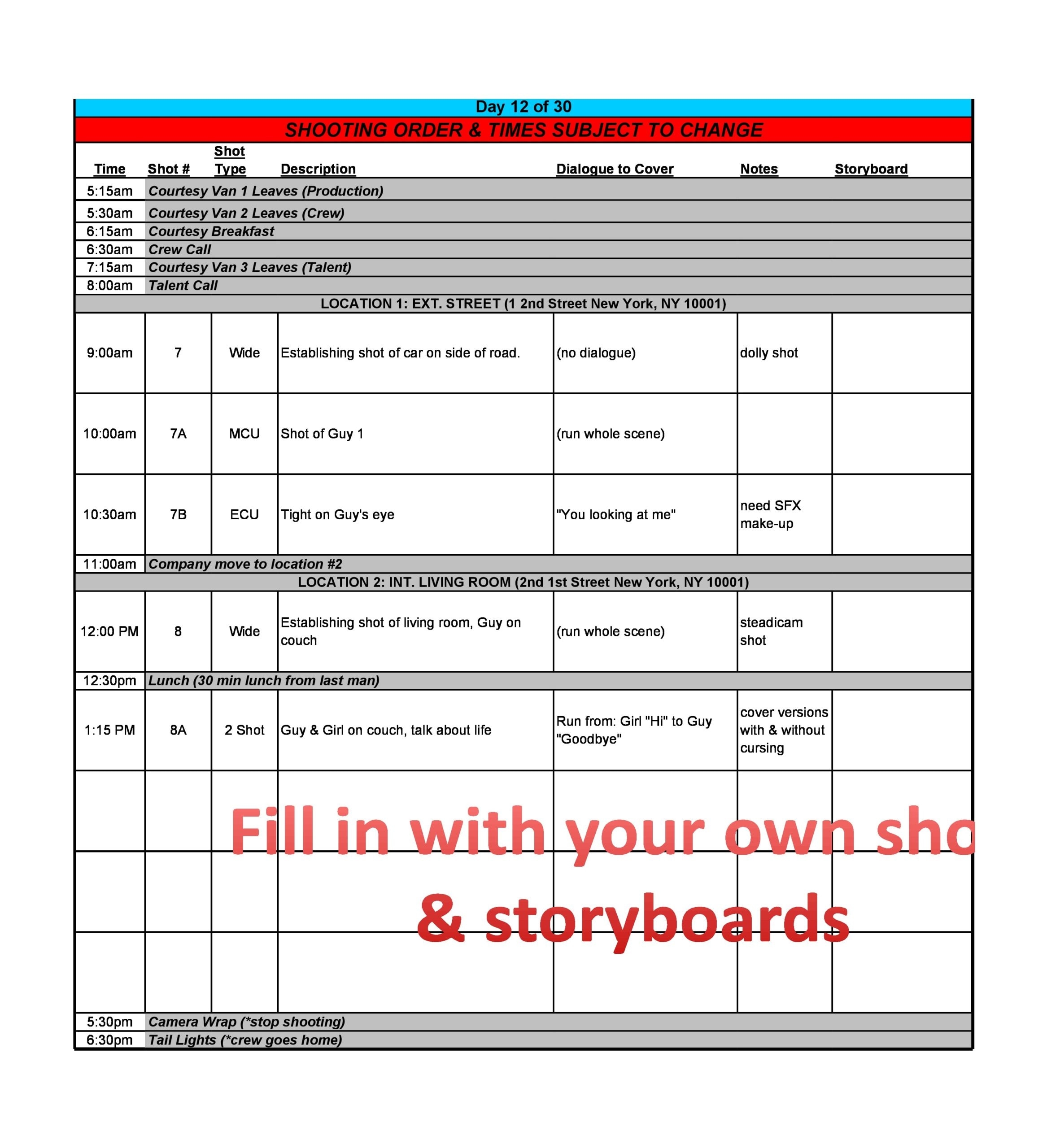 shooting schedule template