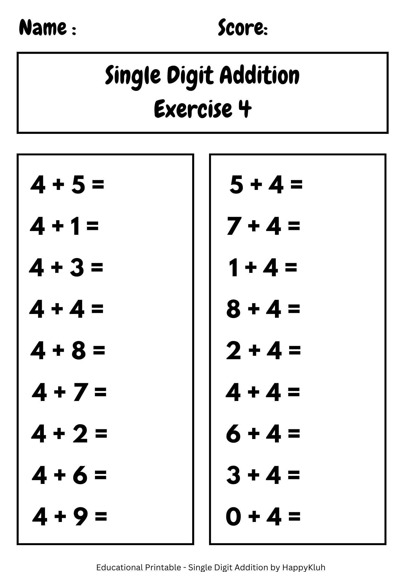 30 Printable Single Digit Addition Worksheets Preschool 2nd Grade Math Etsy
