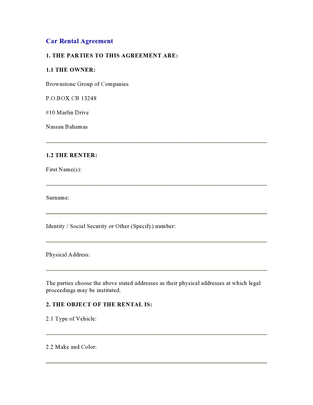car hire contract template